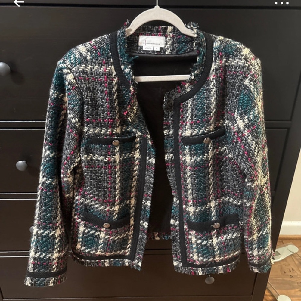 Anthropologie Plaid Bouclé Collarless Jacket in Teal, Black, White, Pink